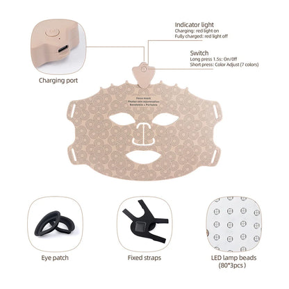 7-Color Photon Silicone LED Face Mask — 3D Facial Beauty Device with Red Light Therapy for Skin Repair & Brightening, Wireless Use
