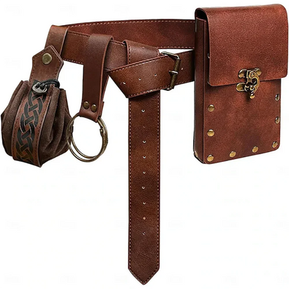 Medieval Cosplay Leather Belt Set – Copper Coin Waist Bag for Renaissance Dress, Steampunk Role-Playing & Halloween Costume