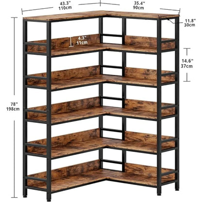 6 Tier Industrial Corner Bookshelves with Baffles - Metal Frame Shelf Storage Rack for Living Room & Home Office