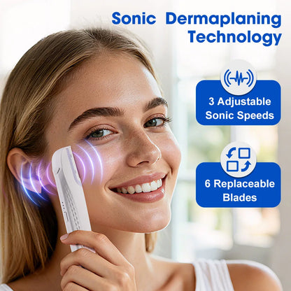 Women’s Sonic Rechargeable Dermaplane Razor with Light – Facial Hair & Peach Fuzz Removal Tool with 6 Blades for Skin Exfoliation & Smooth Skin Care
