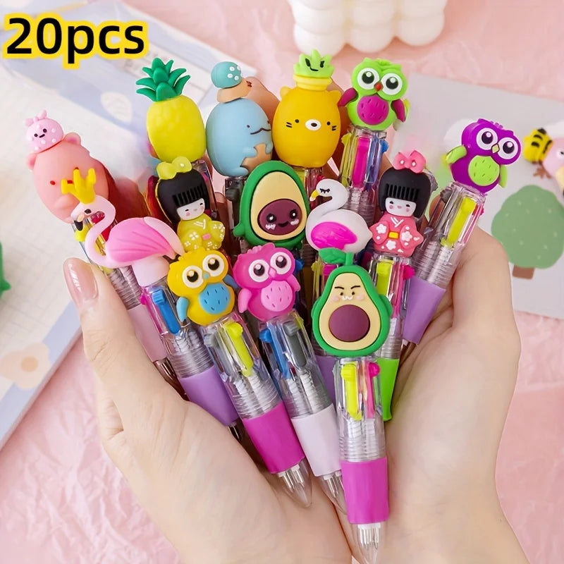 Cute Cartoon 4-Color Mini Ballpoint Pens - Kawaii Unicorn & Flamingo Retractable School Office Stationery, 5–20 Pieces