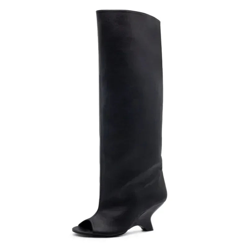 2025 Women’s Fish Mouth Knee-High Boots – Thick Slant Heel Fashion High Heels Spring Summer Large Size