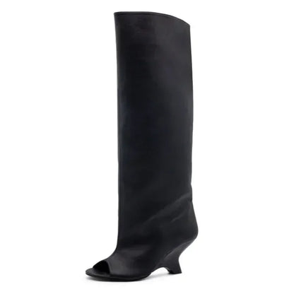 2025 Women’s Fish Mouth Knee-High Boots – Thick Slant Heel Fashion High Heels Spring Summer Large Size