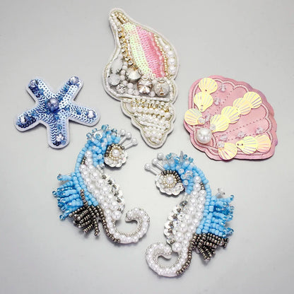 Marine Series Rhinestone Patches - Handmade Shell Starfish Seahorse Leaf Beaded Sewing Appliques for DIY Clothing