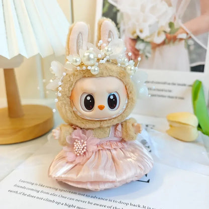 Mini Plush Doll Clothes Bud Skirt with Pearl Hair Accessory — Labubu I & II Kpop Idol Doll DIY Outfit Gift