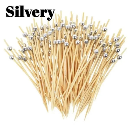 100PCS Gold, Silver & White Pearl Bamboo Skewers – Fruit, Dessert, Cocktail, Party, and Buffet Toothpicks