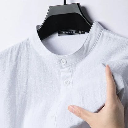 Men’s Linen Cotton Shirt - Lightweight Long Sleeve Henley Beachwear Hawaiian Style Breathable Top