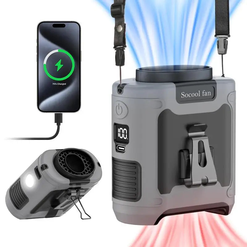 Socool 10000mAh Portable Waist & Neck Fan — Handheld Ultra-Strong Wind with Phone Charging & LED Light for Outdoor Work