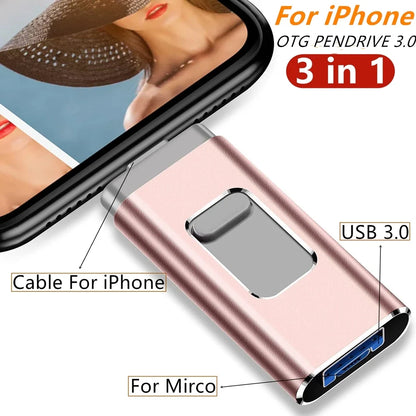 iPhone USB Flash Drive – 3-in-1 USB 3.0 Pen Drive 32GB to 2TB, MFi Certified Memory Stick