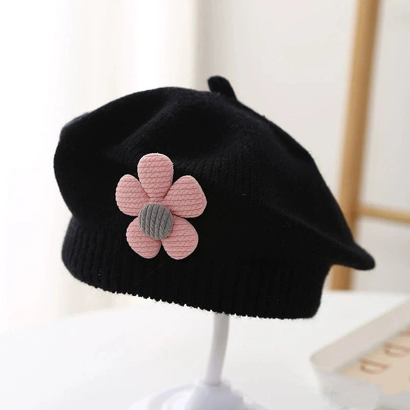 Flower Baby Beret Hat – Winter Warm Knitted Beanie for Infant & Toddler Girls, Korean Princess Artist Painter Cap Solid Color
