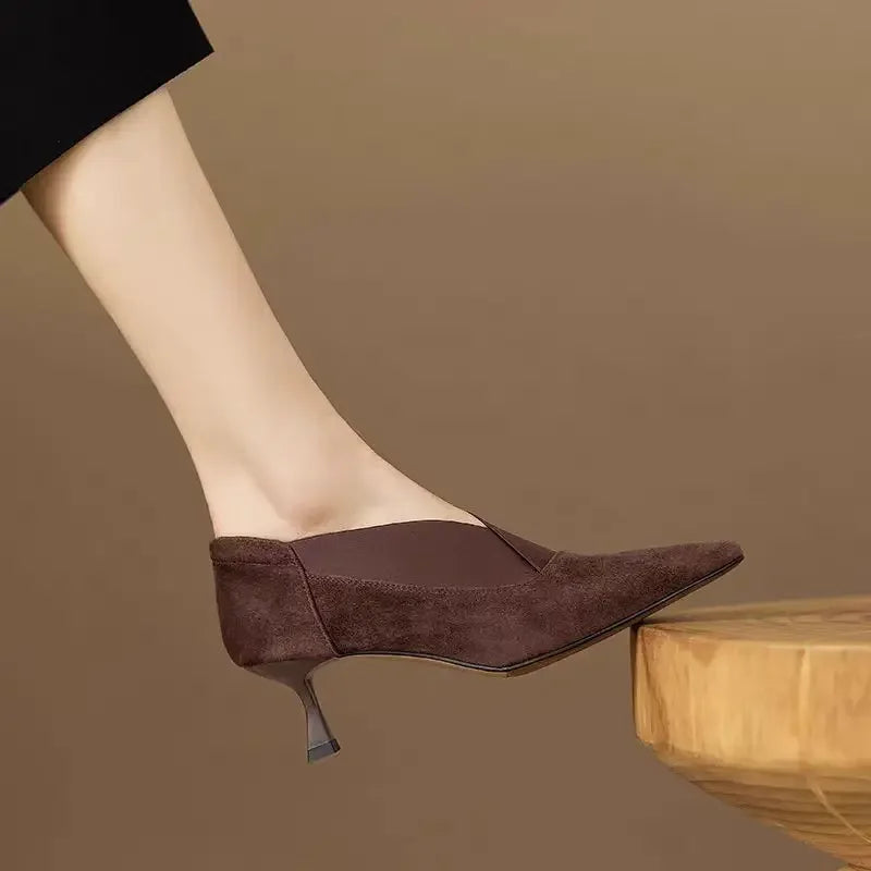 Women’s French Retro Ankle Boots - Pointed Toe Kitten Heels with Elastic Deep-Cut Design