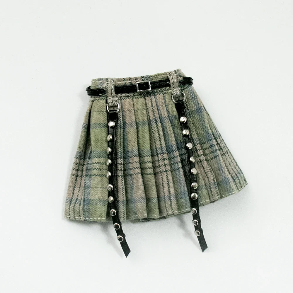 Blythe Doll Clothes Plaid Pleated Skirt & Off-Shoulder Top Tulle Dress Set — Ruffle Skirt for Licca, Azone, OB22, YMY Doll Accessories