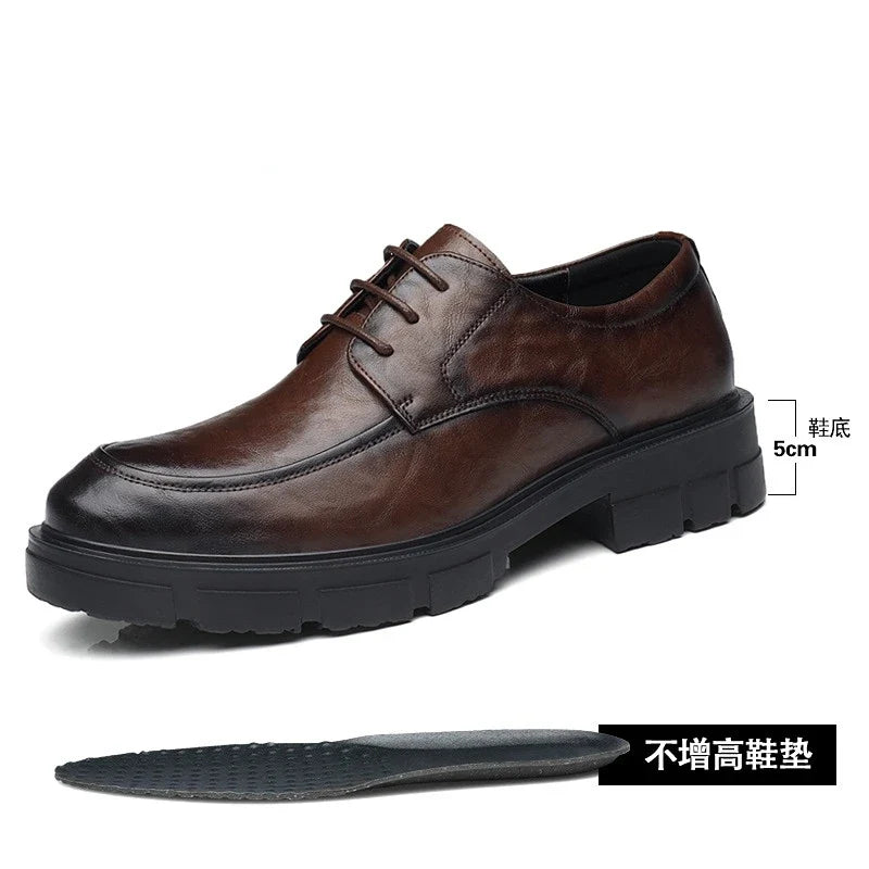 Men’s Cow Leather Dress Shoes with Platform Heel - British Style Casual Wedding & Groom Shoes, Breathable Fashion Formal Footwear
