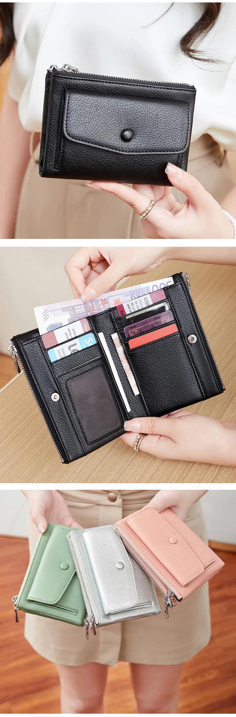 Women’s PU Leather Short Double Zipper Wallet – Simple Solid Color, Large Capacity Credit Card Holder with Coin Pocket