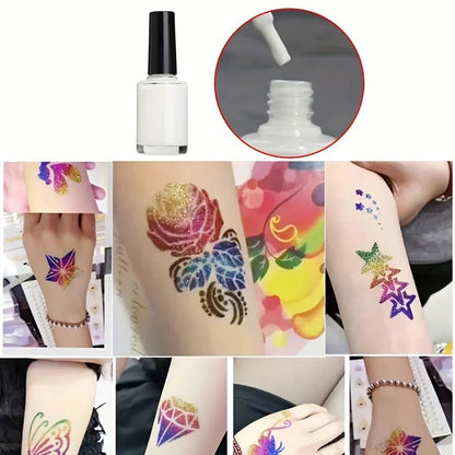 Colorful Glitter Wax Paper Brush Tattoo Kit – DIY Temporary Body Art with Vibrant Designs & Supplies