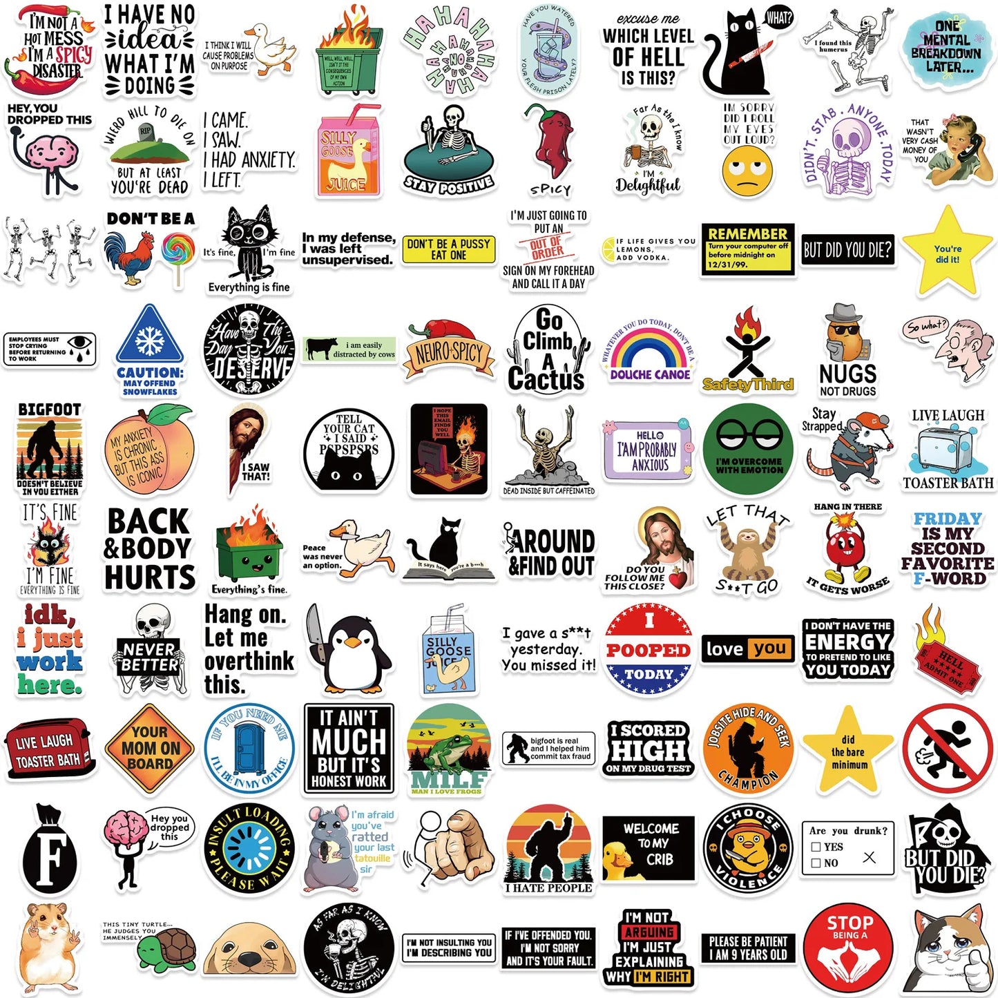 100PCS Cartoon MEME Stickers — Snarky Decals for Phone, Scrapbook, Skateboard, Suitcase, Refrigerator & Graffiti Aesthetic
