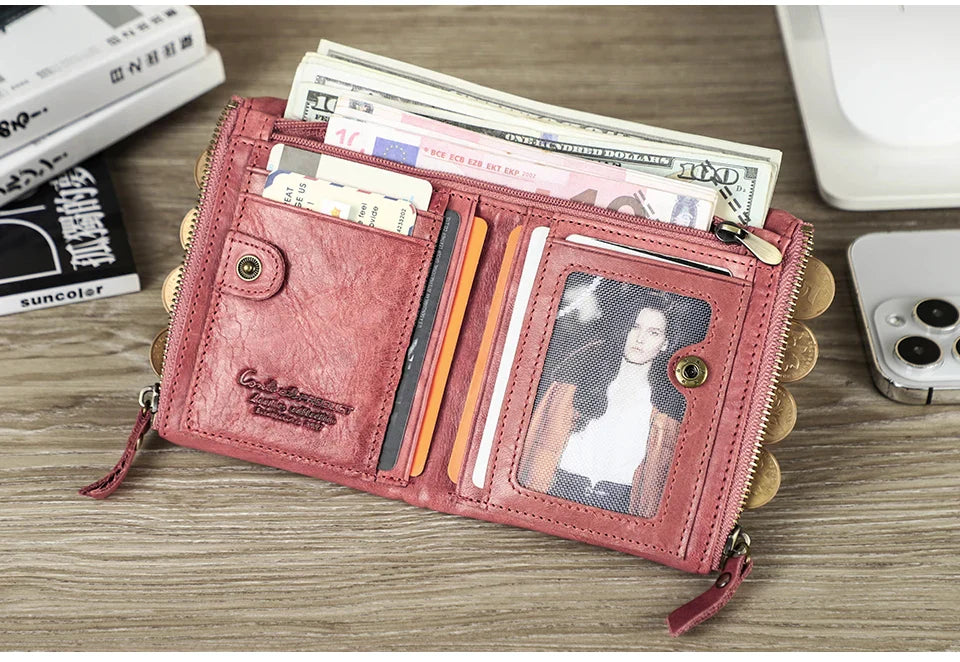 CONTACT'S Genuine Leather Short Wallet for Women — Luxury Designer Card & Coin Holder, Mini Money Clip Wallet with Free Shipping