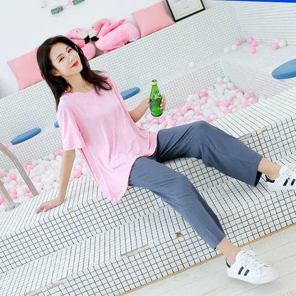 Women's Summer Modal Pajamas Set – Lightweight Short Sleeve Top and Loose Trousers Two-Piece Homewear