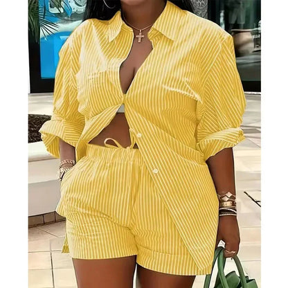 Women’s Colorful Striped Two-Piece Set – Casual Summer Button-Up Long Sleeve Shirt & Shorts Outfit