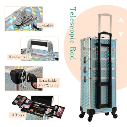 Makeup Trolley Case 4-in-1 — Detachable Alloy Train Briefcase with Wheels, Lockable Large Capacity Storage for Nail Manicure Salon