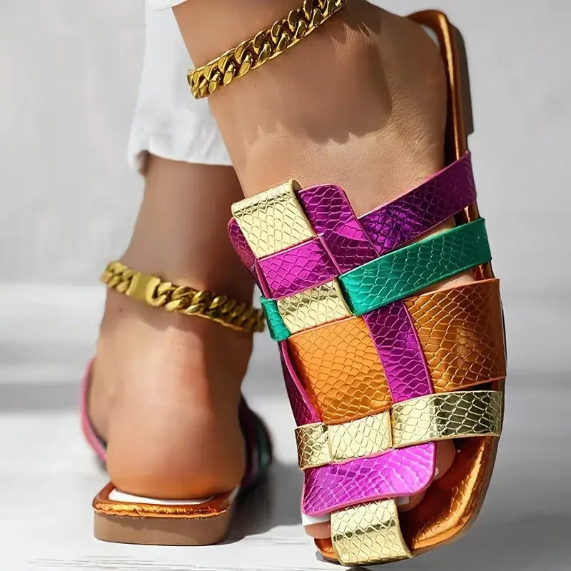 Colorful Square Toe Roman Flat Sandals - Women’s Summer Hollow Vacation Slippers