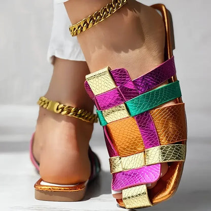 Colorful Square Toe Roman Flat Sandals - Women’s Summer Hollow Vacation Slippers