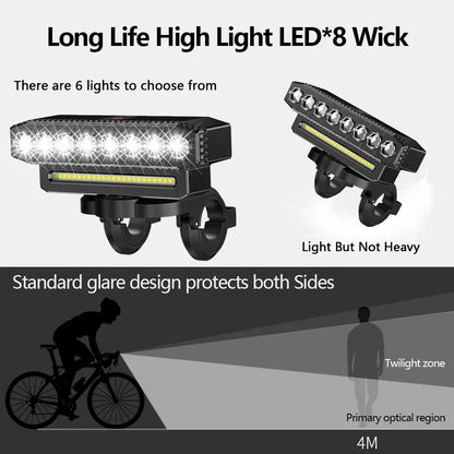 USB Rechargeable Bike Front Light & Horn – 120dB Cycling Bike Bell with Waterproof Design, 6 Lighting Modes, Easy to Install