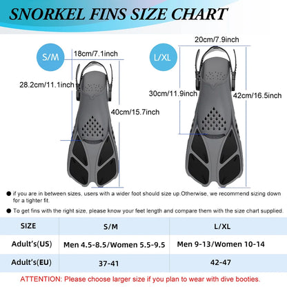 Adjustable Snorkel Fins with Buckles - Short Silicone Swimming Flippers for Men and Women, Open Heel Travel Size