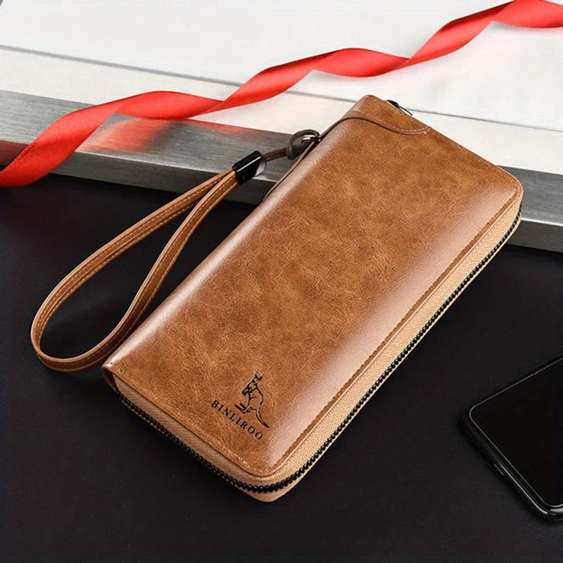 Men's Long Zipper Wallet – High-Quality PU Leather, RFID Blocking Business Clutch, Credit Card Holder