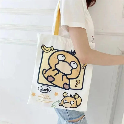 Anime Pokémon Canvas Shoulder Bag – Pikachu, Psyduck, Squirtle Casual Handbag for Women, Reusable Large Shopping Tote
