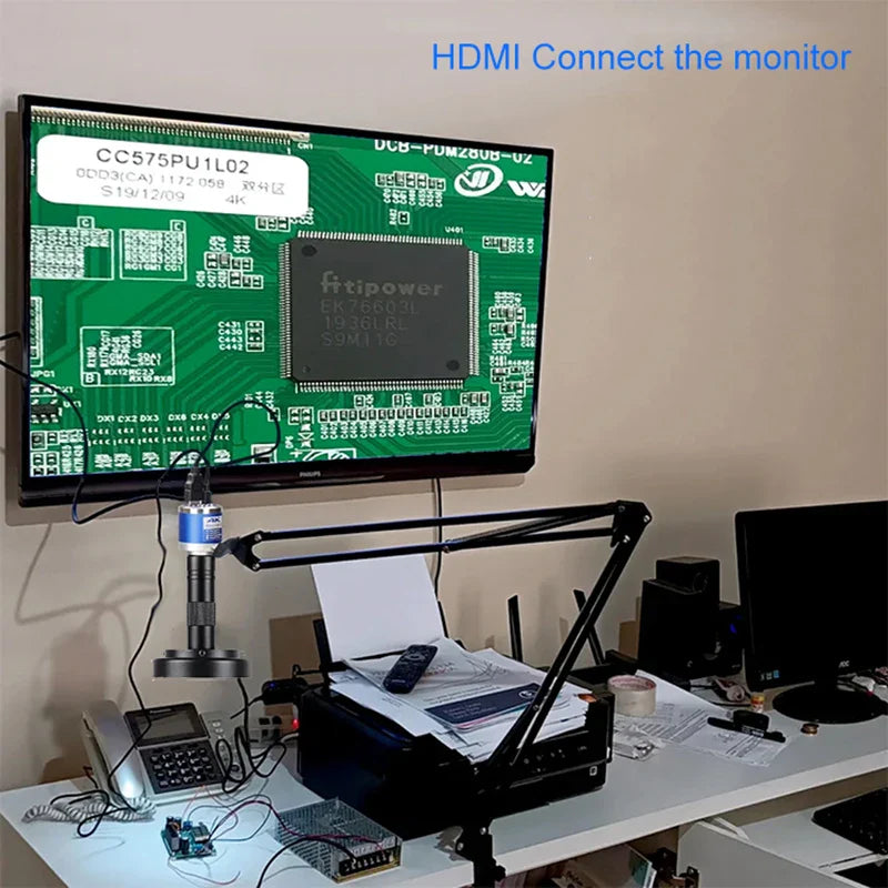 1080P 48MP 4K Digital Microscope – HDMI/USB/VGA Camera with 150X C-Mount & Articulated Arm for Repair