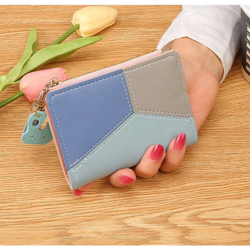 Fashion Women’s Zipper Wallet – Short Patchwork Leather Coin Purse, Card Holder & Phone Pouch Clutch
