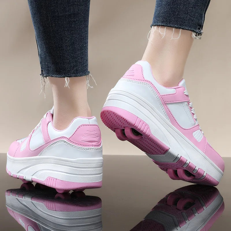 Four-Wheel Roller Shoes for Boys & Girls – Casual Outdoor Sports Sneakers with Pulleys, Slide & Shrink School Walking Shoes