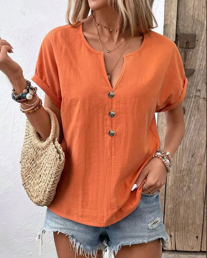 Women’s 2025 V-Neck Button Short Sleeve Blouse – Solid Color Loose Fit Casual Summer Daily Wear Top