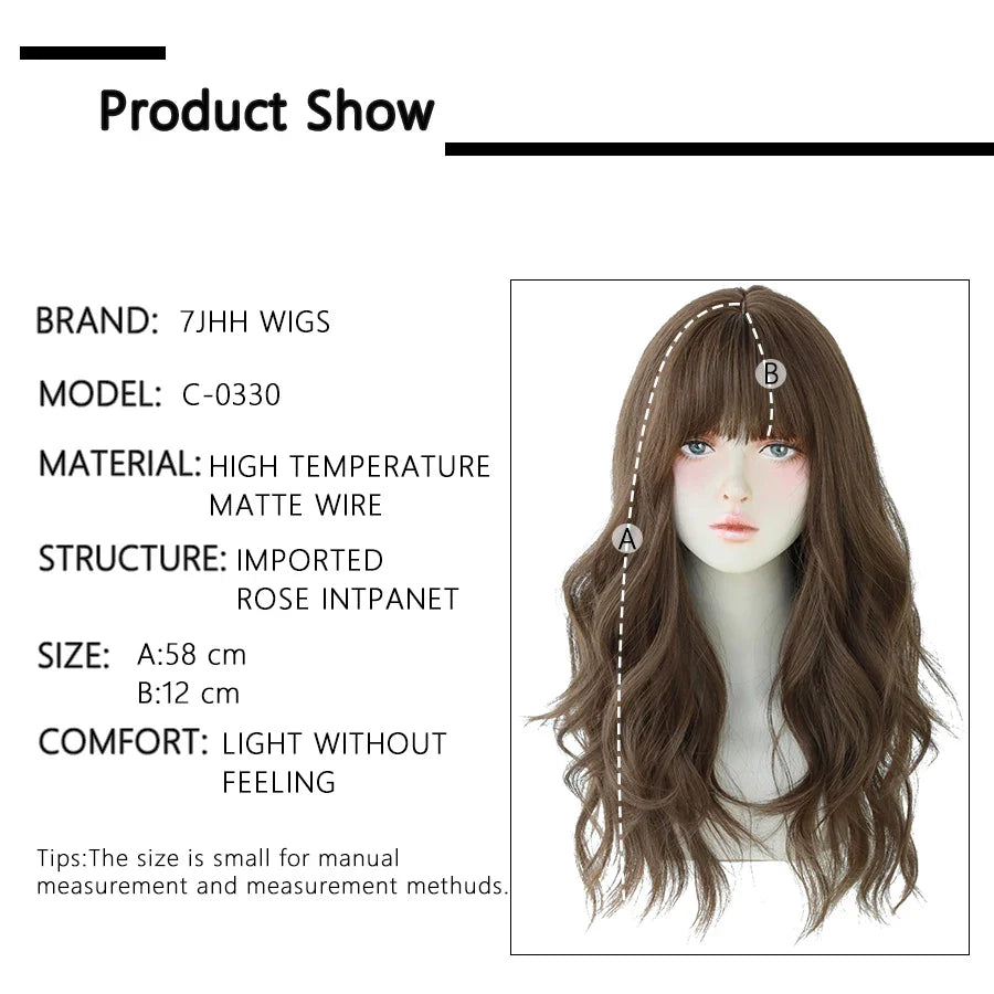 7JHH Brown Ash Long Deep Wave Lolita Wig for Women — Synthetic Hair with Bangs, Thick Curly Fashion Wig