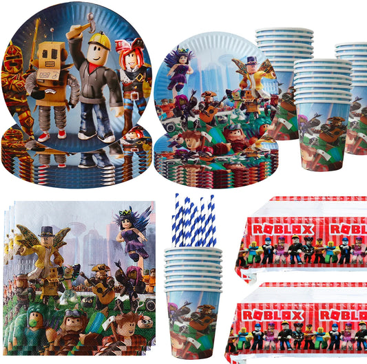 Roblox Birthday Party Supplies — Balloons, Disposable Tableware & Backdrop for Kids’ Party or Baby Shower