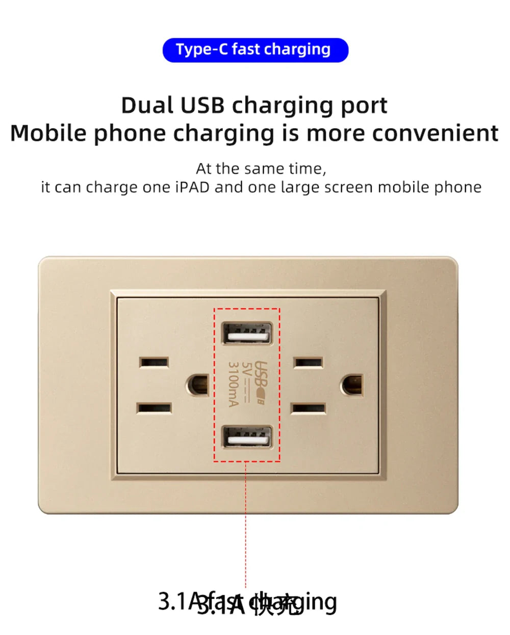 Herepow 118 Series Dual USB Wall Socket - Thailand & American Standard Smart Plug Adapter with Type-C 3.1A Fast Charging