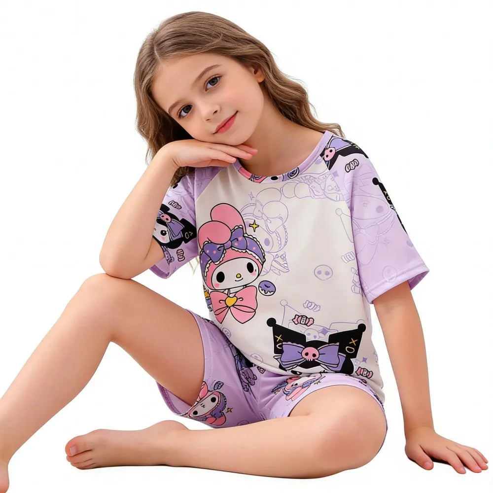 Girls’ Summer Pajama Set – Hello Kitty & Kuromi Tops with Shorts, Sleepwear for Ages 3-12