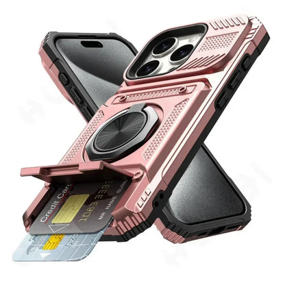 Magnetic Ring Kickstand iPhone Case - Heavy Duty Drop Protection Wallet Cover for iPhone 7-16 Series