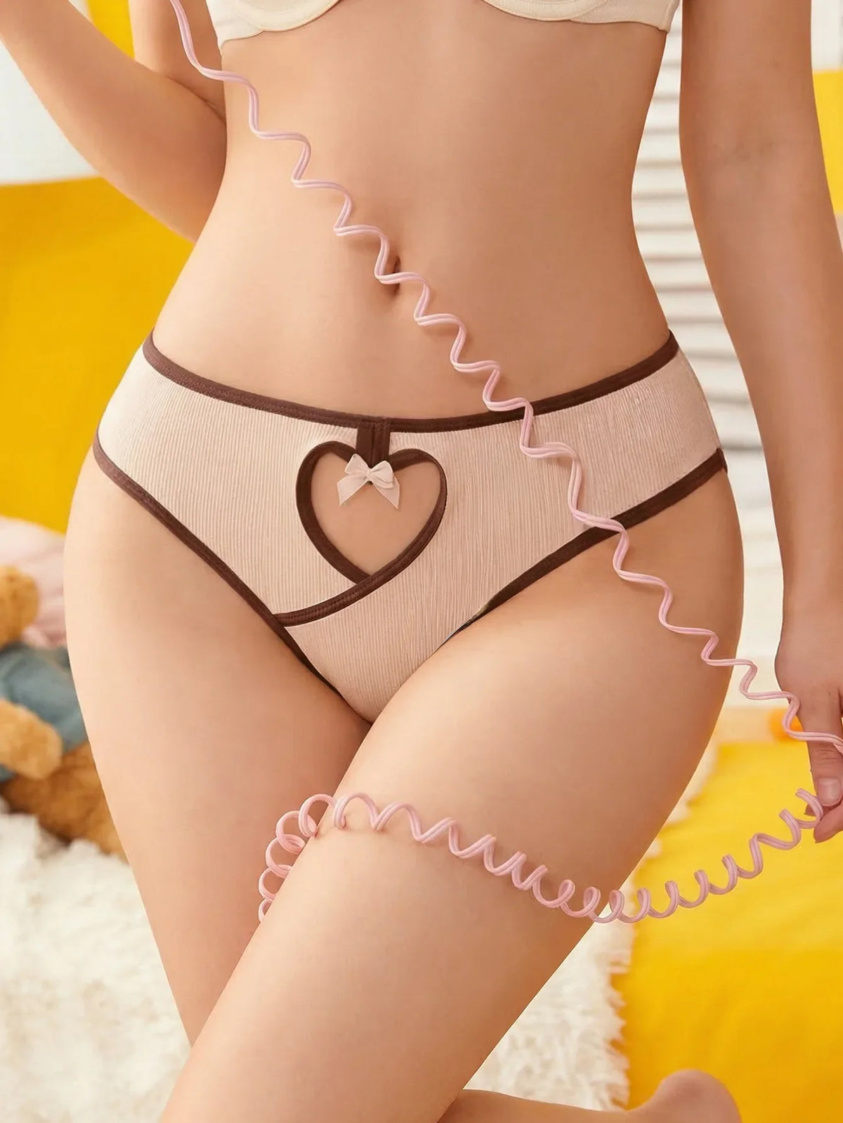 Low Waist Ribbed Women’s Underwear - Breathable Color-Matching Hip Lift Bow Briefs