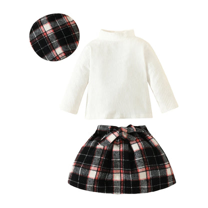 ma&baby Toddler Girls Clothes Set – Knit Long Sleeve Top, Plaid Skirt & Hat, 6M-3Y Fall & Spring Outfit