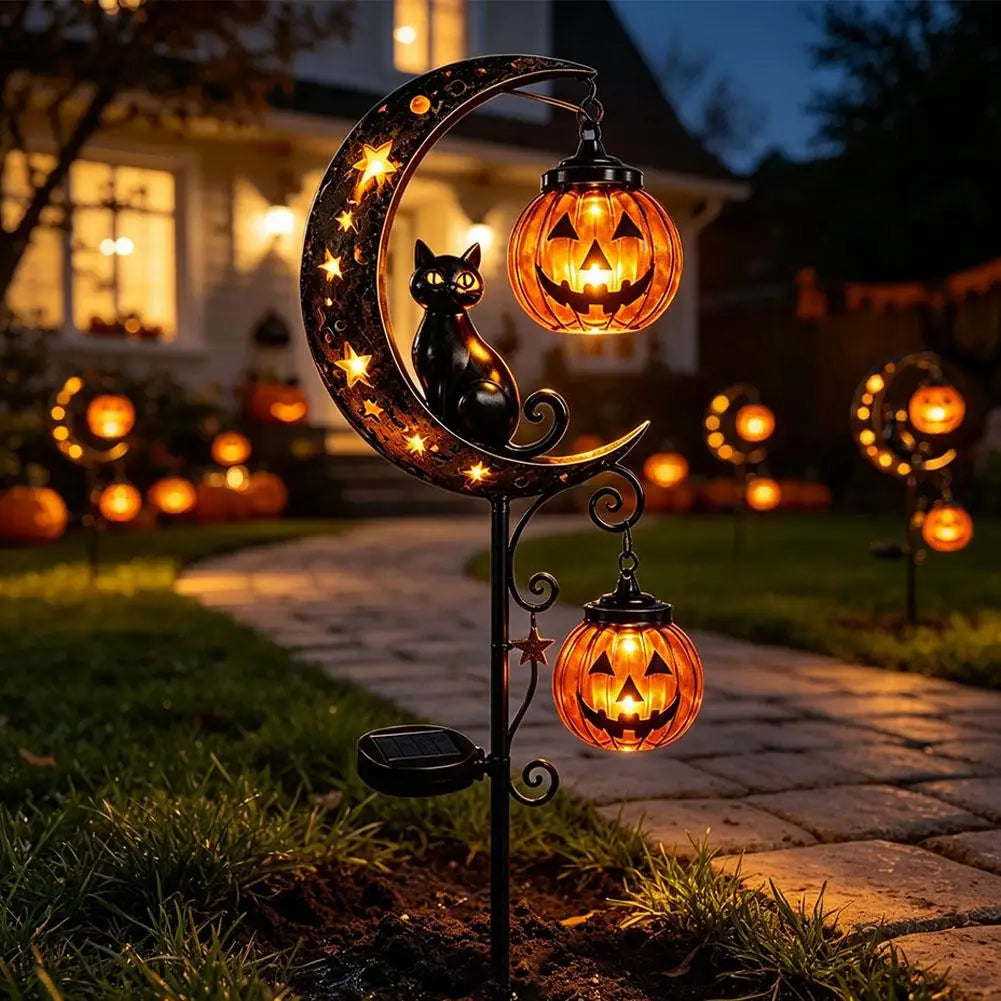 Halloween Garden Stake Light - Black Cat & Pumpkin Moon Outdoor Waterproof Metal Decor