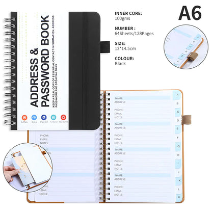 A6 Password Book with PP Coil – English Address & Password Organizer, Thick Horizontal Notebook for Office Use