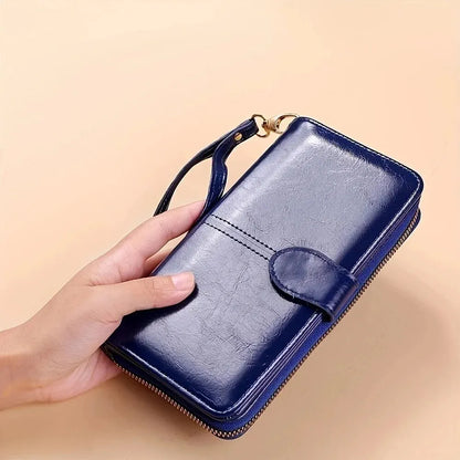 Women’s Vintage PU Leather Clutch Wallet — Large Capacity Phone Purse with Wristband, Simple Card Holder Pouch Bag