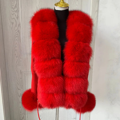 Women’s Spring & Autumn Sweater Cardigan – Real Fox Fur Collar Jacket, Natural Fur Outerwear