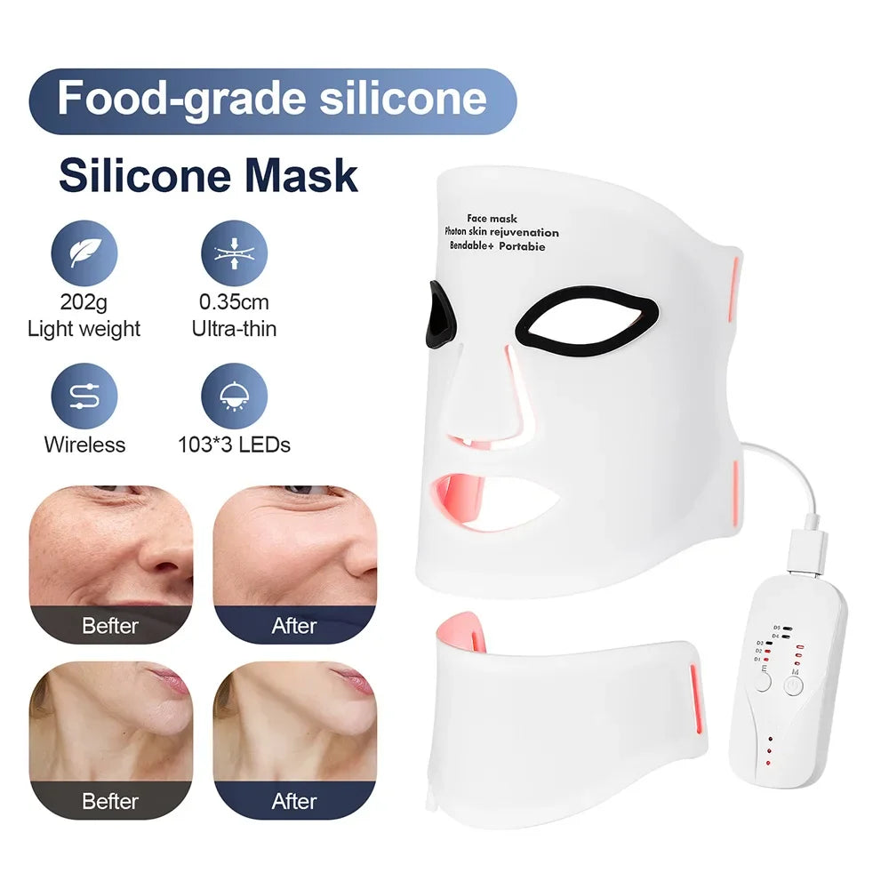 Silicone LED Mask with Neck – 7-Color Photon Red Light & Infrared Therapy, Flexible Wireless Facial Skin Repair Mask