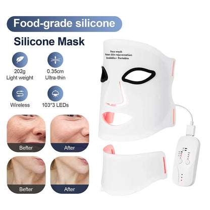 Silicone LED Mask with Neck – 7-Color Photon Red Light & Infrared Therapy, Flexible Wireless Facial Skin Repair Mask