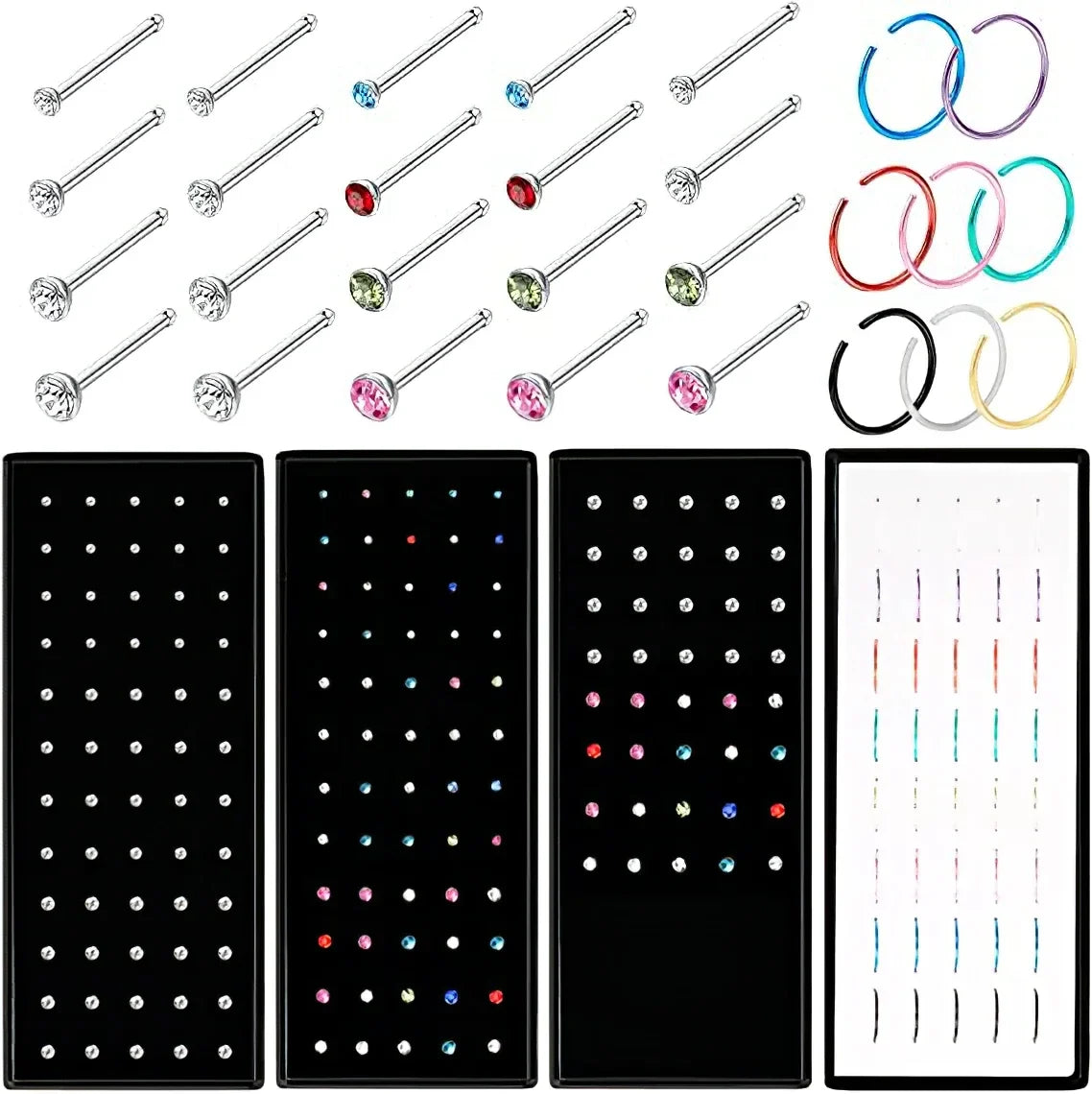 Women’s Crystal Stainless Steel Nose Stud – Hypoallergenic 1.8mm Straight, L, or Screw Nose Ring Jewelry
