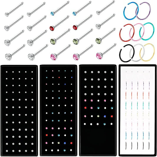 Women’s Crystal Stainless Steel Nose Stud – Hypoallergenic 1.8mm Straight, L, or Screw Nose Ring Jewelry