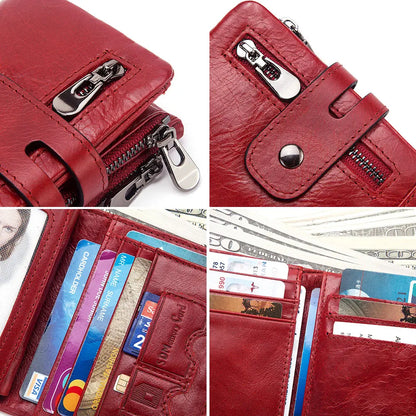 Fashion Women’s Leather Wallet — Genuine Leather Clutch with Hasp & Double Zipper, Short Coin Pocket and ID Card Holder Purse
